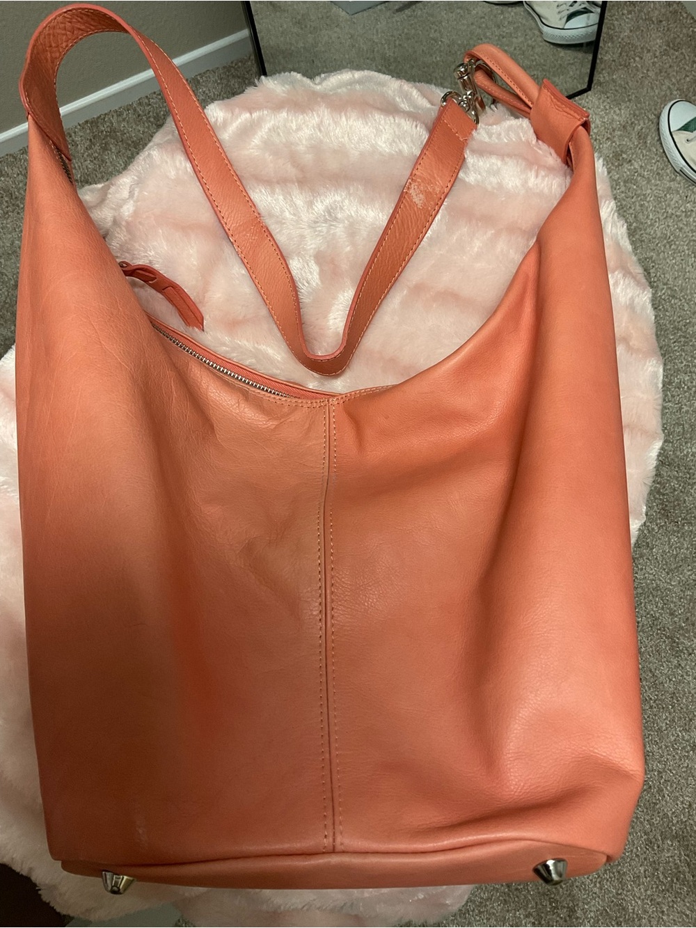 Spacious Coral-Orange Leather Shoulder Hobo Bag